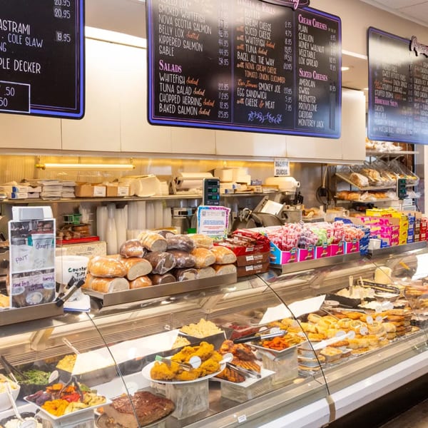 A deli counter at The Pickled Herring, filled with various prepared foods, breads, and packaged snacks.